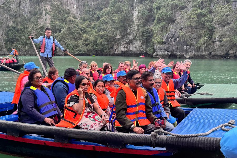 Indian tourists boat tour Halong Bay Vietnam