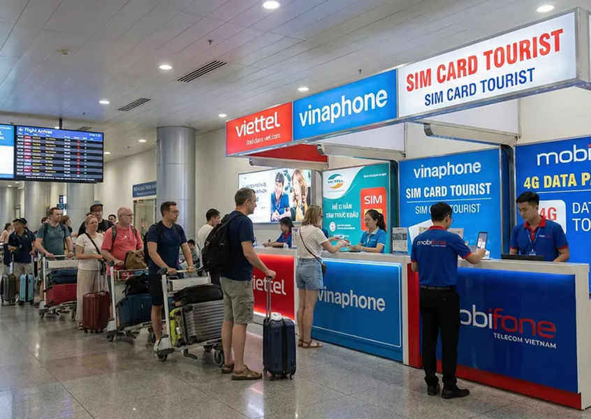Tourists buying SIM cards at Vietnam airport arrival hall