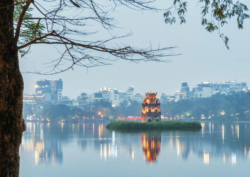 Turtle Tower at dusk on Hoan Kiem Lake, Hanoi