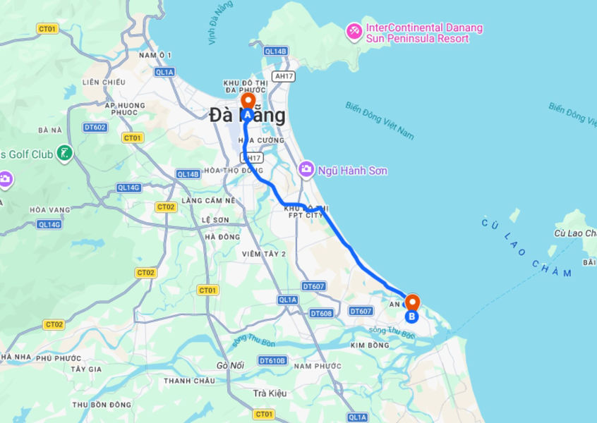 travel distance Da Nang to Hoi An along the central coastline of Vietnam