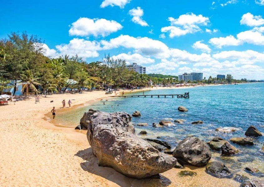 Sunny Phu Quoc beach with golden sand and calm blue sea