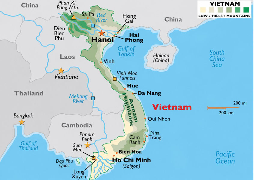 Map of Vietnam showing geography from Hanoi to Ho Chi Minh City