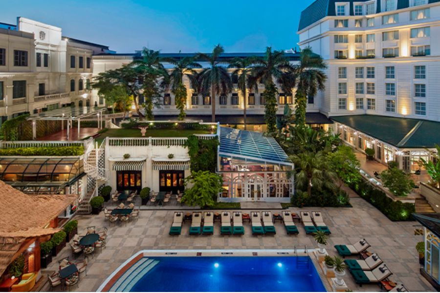 Aerial dusk view of Sofitel Metropole Hanoi colonial courtyard
