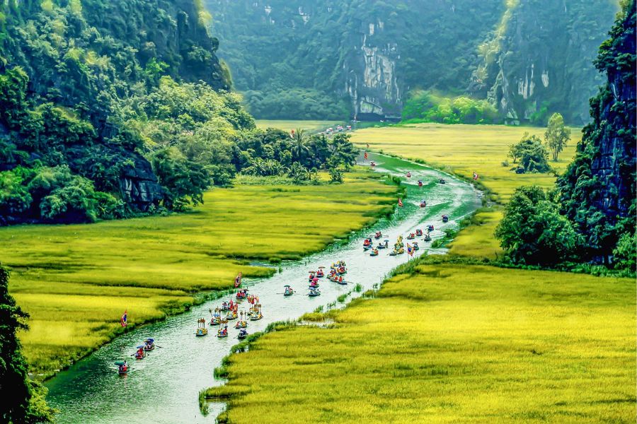 Aerial view of Tam Coc river winding through limestone karsts