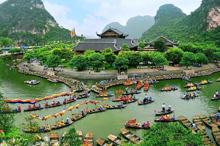 Boats and pavilion at Trang An Scenic Landscape Complex dock
