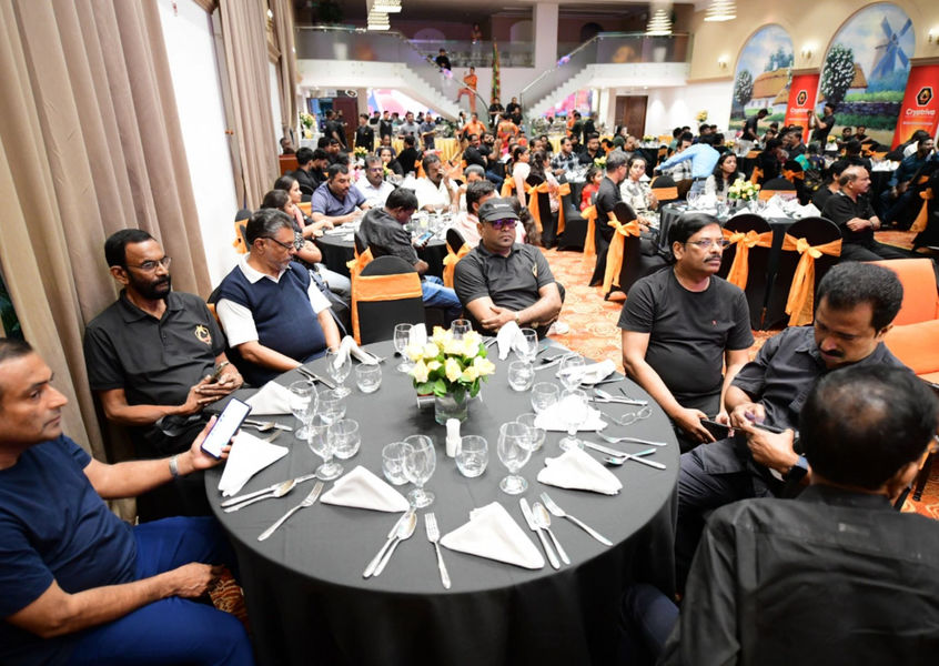 Corporate gala dinner with round table settings for delegates