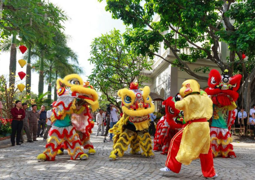 Traditional lion dance performers celebrate Tet in Vietnam
