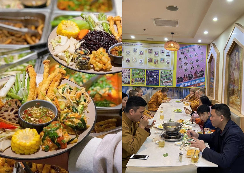 Vegan buffet dishes and diners at Loving Hut Quang Ninh