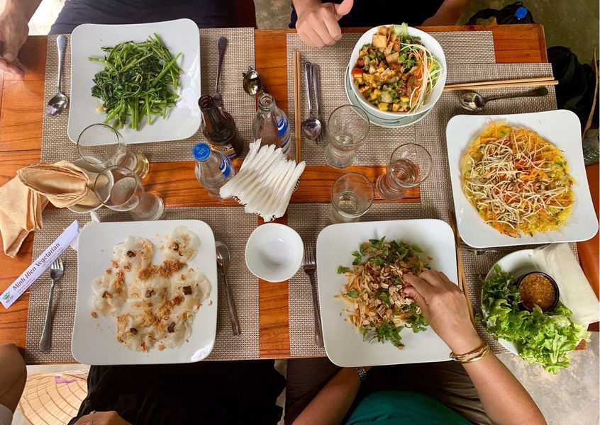 Overhead table of dishes at Minh Hien Vegetarian Restaurant Hoi An