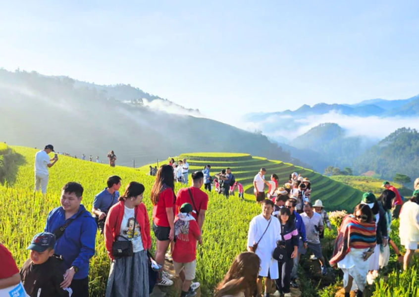 Tourists walk green terraced rice fields in misty mountains
