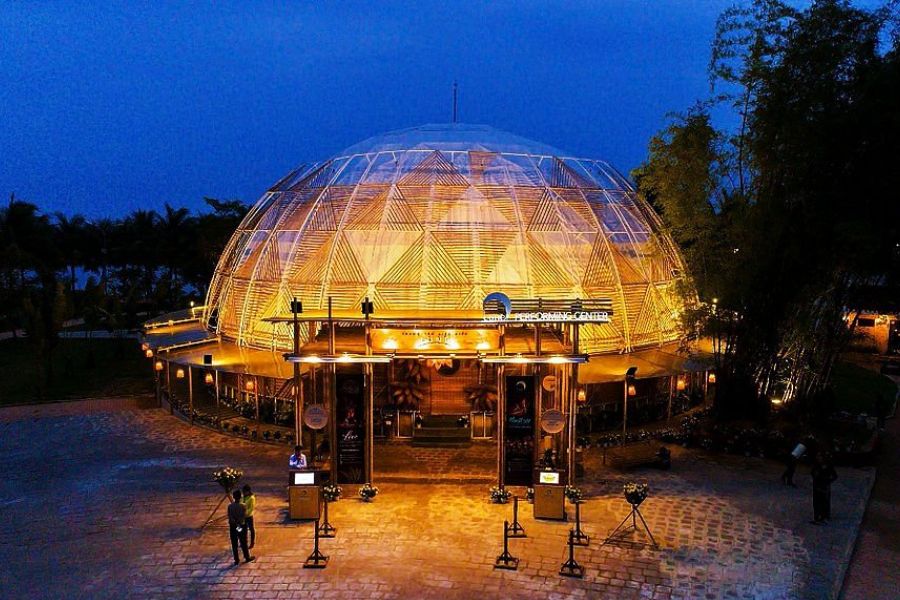 Illuminated glass dome pavilion event venue near Hoi An at night