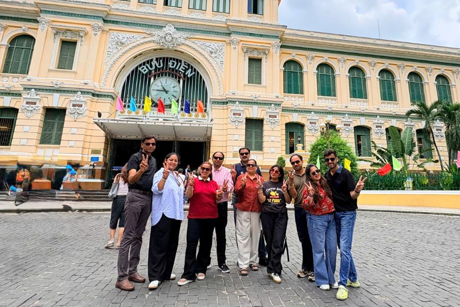Group photo outside Saigon Central Post Office, HCMC